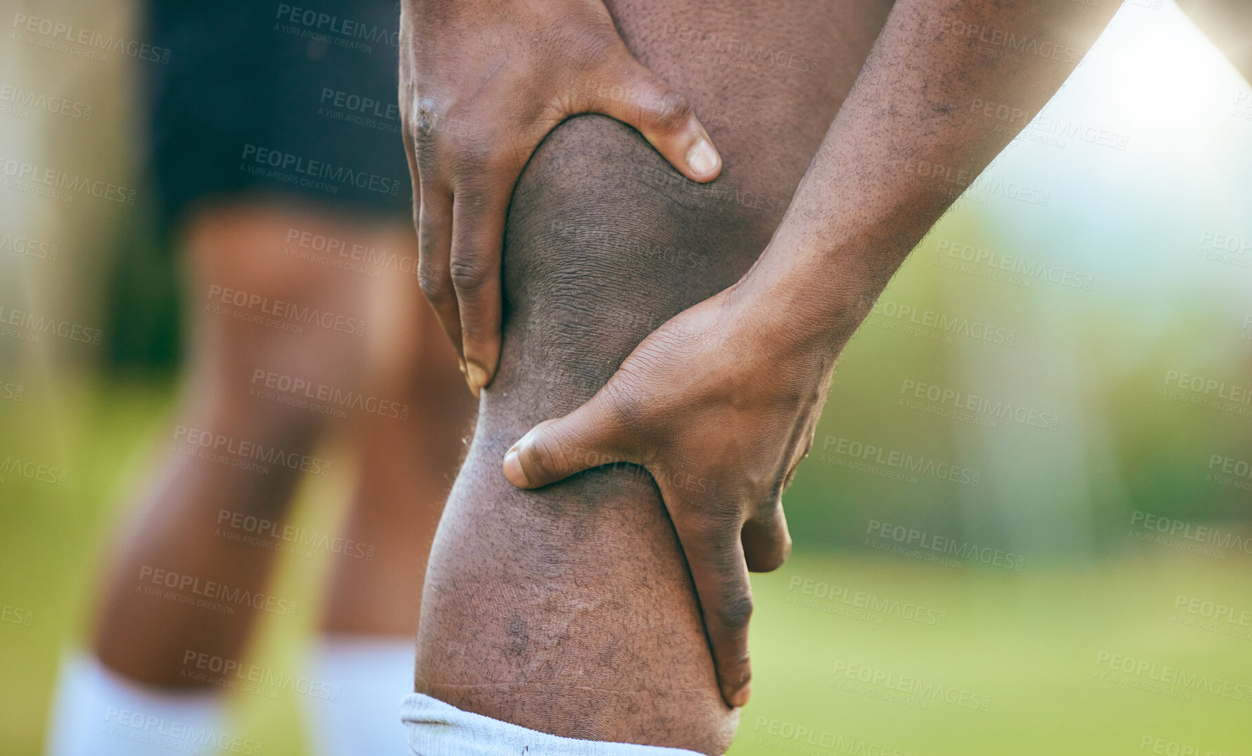 Buy stock photo Knee injury, legs and sports person massage joint pain from outdoor competition, fitness challenge or workout fatigue. Training mistake, athlete burnout and closeup player with broken bone of anatomy