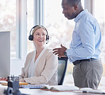 Business people, manager and call center support, planning and advice for communication or telemarketing teamwork. Consultant, agent or employees on computer for advice and corporate training