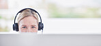 Woman, call center and computer with communication mockup, customer service and online support consultant. Portrait of agent, worker or telecom employee on desktop pc on contact or e commerce banner