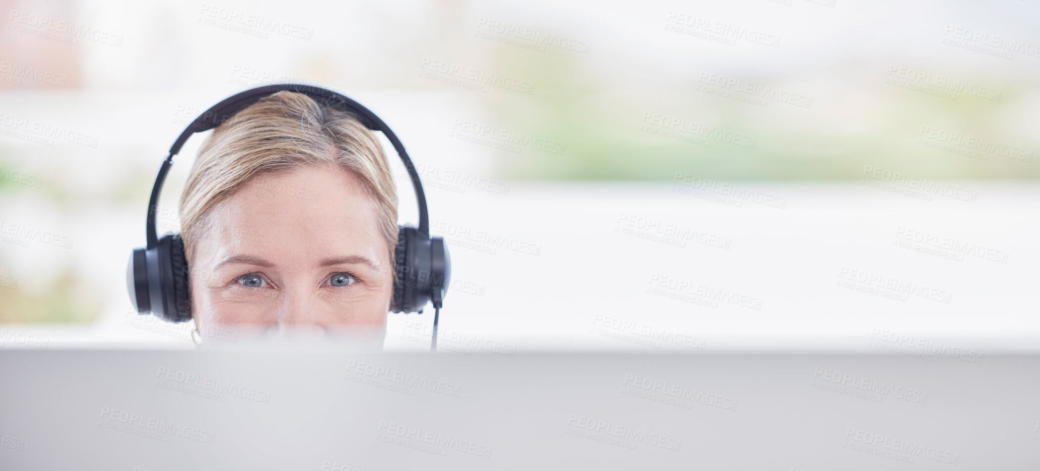 Buy stock photo Woman, call center and computer with communication mockup, customer service and online support consultant. Portrait of agent, worker or telecom employee on desktop pc on contact or e commerce banner
