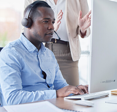 Buy stock photo Black man, training and call center support, planning or communication, telemarketing and computer advice. Consultant, agent or manager on desktop for business help, collaboration and online teamwork