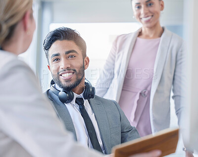 Buy stock photo Business people, conversation and teamwork with planning, tablet and brainstorming with ideas. Group, man and women with technology, headphones or discussion with cooperation, smile and collaboration