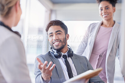 Buy stock photo Business people, teamwork and planning in meeting discussion, happy collaboration and questions or feedback. Professional team or group of man and woman talking or marketing conversation in office