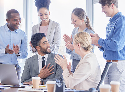 Buy stock photo Business people, applause and meeting success, support or thank you and achievement, praise or promotion on laptop.  Professional group of men and women clapping for winner congratulations and bonus