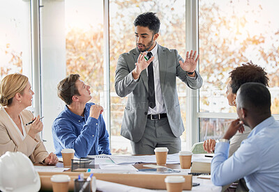 Buy stock photo Businessman, presentation and coaching in meeting, planning or brainstorming in team strategy at office. Man or speaker talking to business people, training staff or project plan ideas in leadership