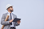 Man, architect and thinking with tablet on mockup in construction planning against a studio background. Male person, engineer or contractor with technology, blueprint or project plan for architecture