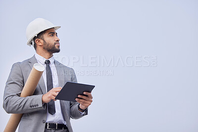 Buy stock photo Man, architect and thinking with tablet on mockup in construction planning on a studio background. Person, engineer or contractor with technology, blueprint or project plan for architecture on space