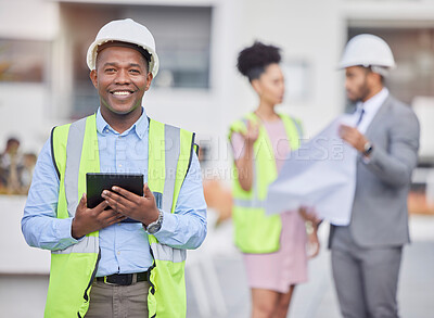 Buy stock photo Happy black man, architect and tablet in city, team planning or construction on rooftop at site. African male person, engineer or contractor on technology in leadership, project or architecture plan