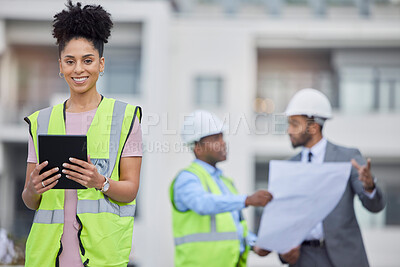 Buy stock photo Happy woman, architect and tablet in city for team planning, construction or design on rooftop at site. Female person, engineer or contractor on technology in leadership, project or architecture plan