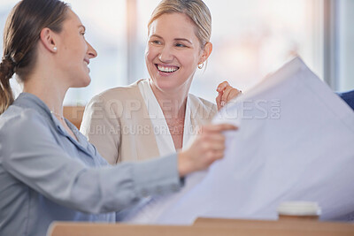 Buy stock photo Happy business woman, blueprint and planning in team strategy, design or meeting at office. Female person, architect or engineer smile in project plan, paperwork or brainstorming idea at workplace