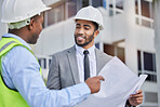 Collaboration, blueprint and architecture with people in city for project management, planning or engineering. Graphic, floor plan or idea with contractor on construction site for teamwork and design