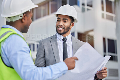 Buy stock photo Collaboration, blueprint and architecture with people in city for project management, planning or engineering. Graphic, floor plan or idea with contractor on construction site for teamwork and design