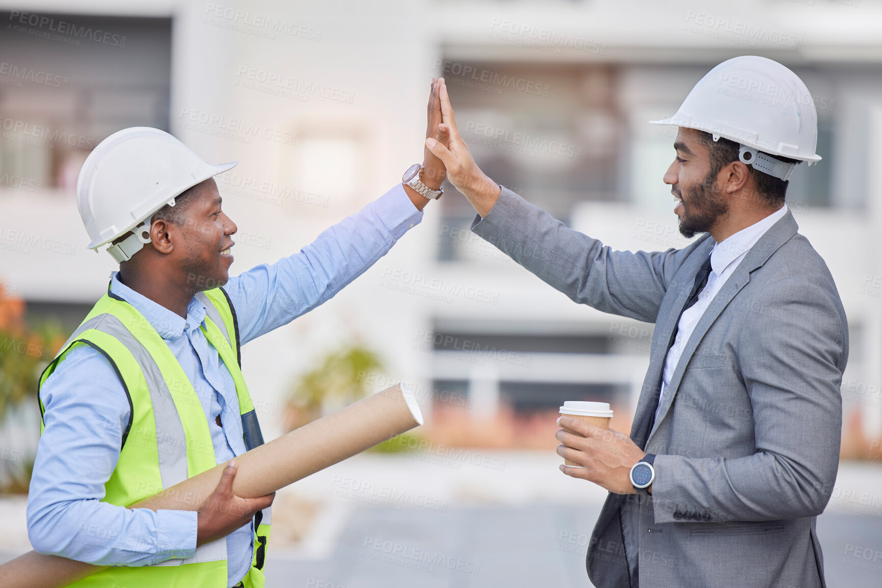 Buy stock photo Happy people, architect and high five in city for teamwork, success or construction on rooftop at site. Men, engineer or contractor touching hands in team motivation for project or architecture plan
