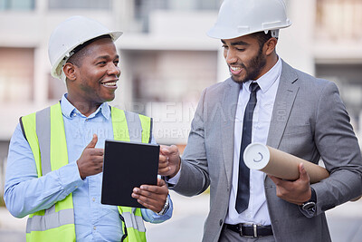 Buy stock photo Happy man, architect and tablet in city for team planning, construction or design on rooftop at site. Male person, engineer or contractor in teamwork on technology for project or architecture plan