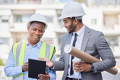 Buy stock photo Happy people, architect and tablet in city for team planning, construction or strategy on rooftop at site. Men, engineer or contractor on technology in teamwork, project or architecture plan in town