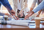Business people, hands and meeting with documents in strategy, planning or ideas together at office. Closeup of group in project plan, collaboration or teamwork on paperwork or blueprint at workplace