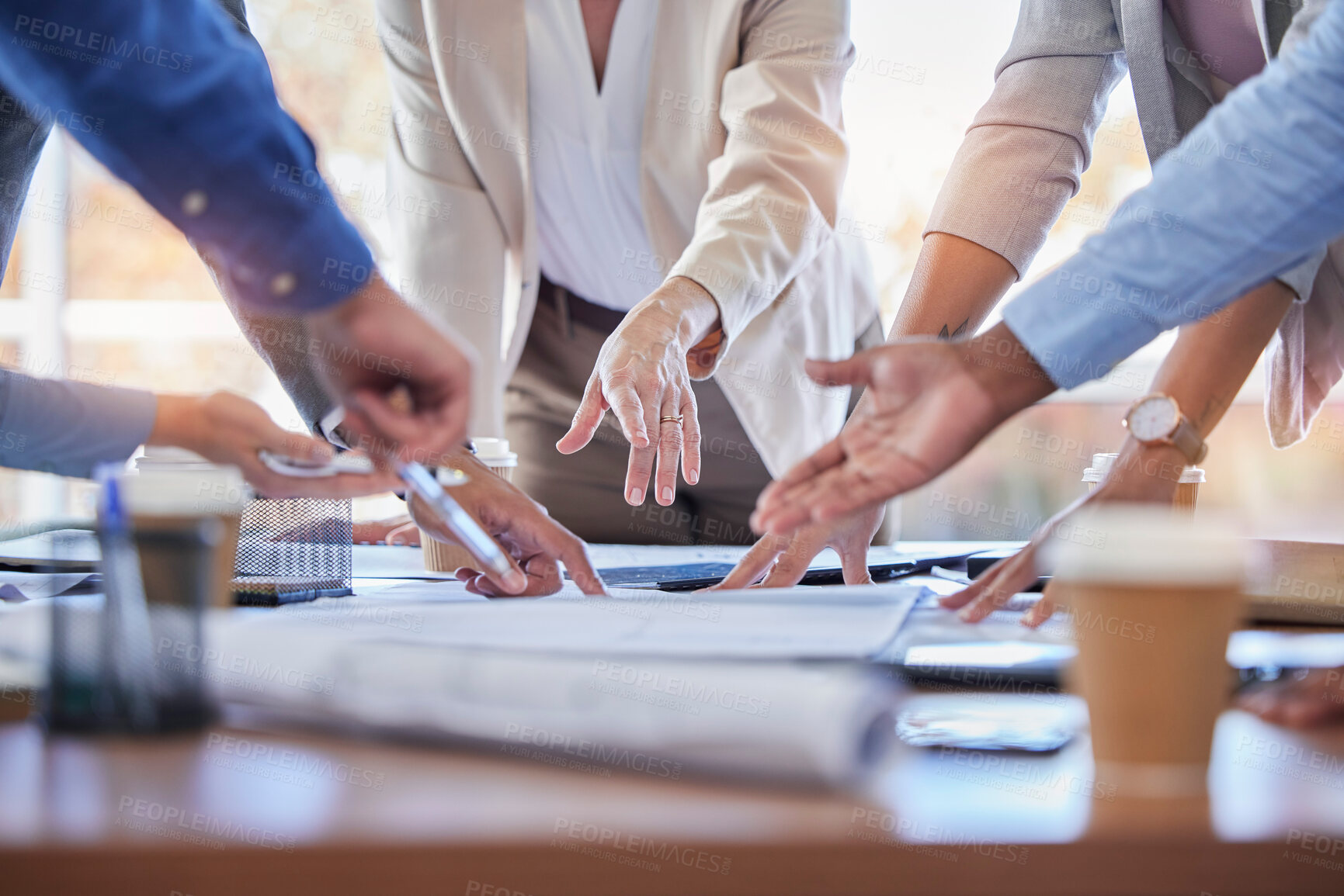 Buy stock photo Business people, hands and meeting with documents in strategy, planning or ideas together at office. Closeup of group in project plan, collaboration or teamwork on paperwork or blueprint at workplace