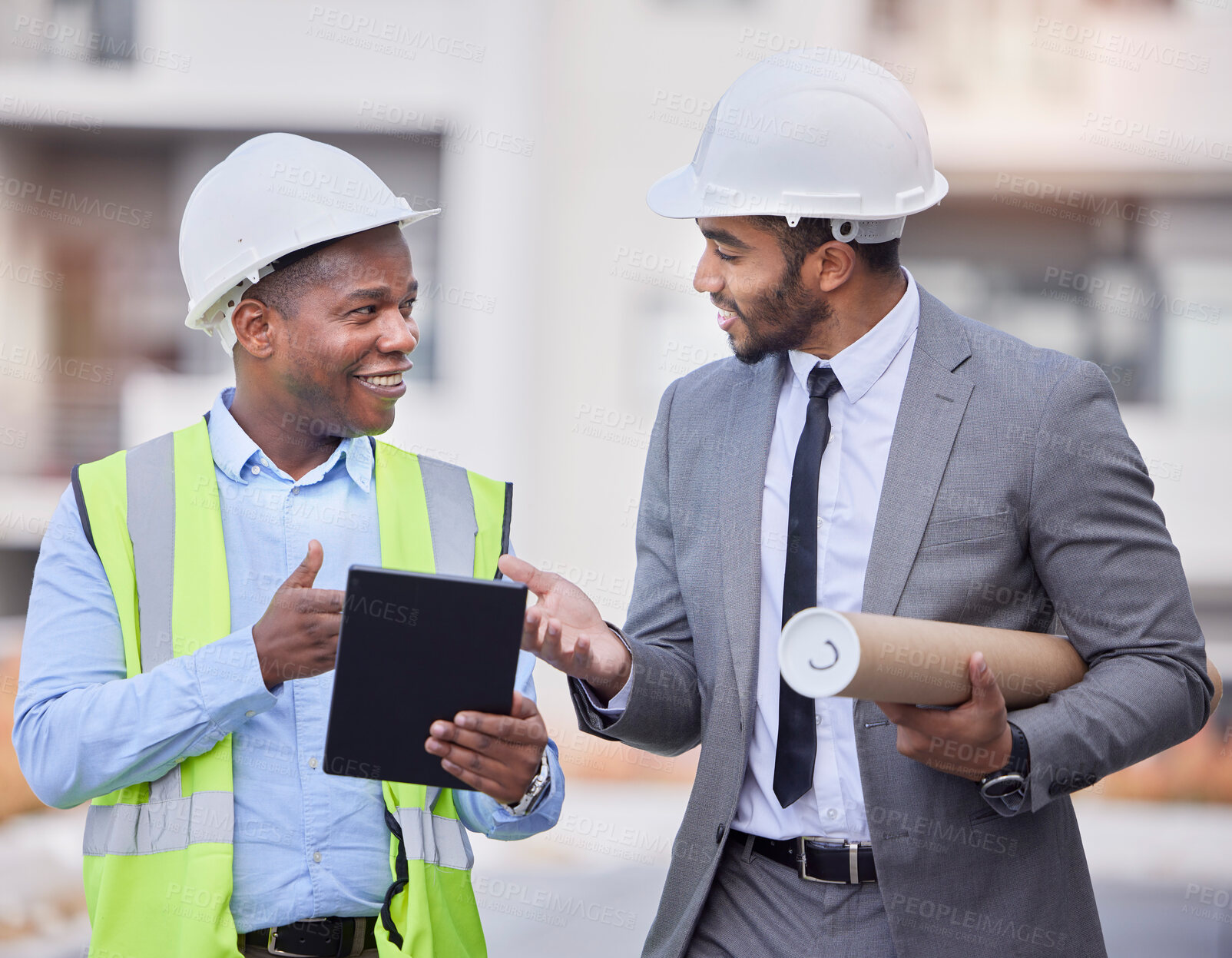 Buy stock photo Happy people, architect and tablet in city, planning or construction team in strategy on rooftop at site. Men, engineer or contractor on technology in teamwork, project or architecture plan in town