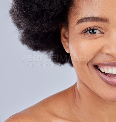 Buy stock photo Beauty, skincare and half portrait of black woman in studio for cosmetics, space and spa treatment. Health, salon and dermatology with face of person on gray background for wellness and mockup