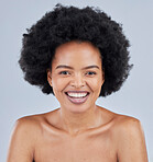 Skincare, natural and portrait of black woman with beauty smile isolated in a studio gray background and happy. Skin, African and confident young person with healthy dermatology cosmetic care