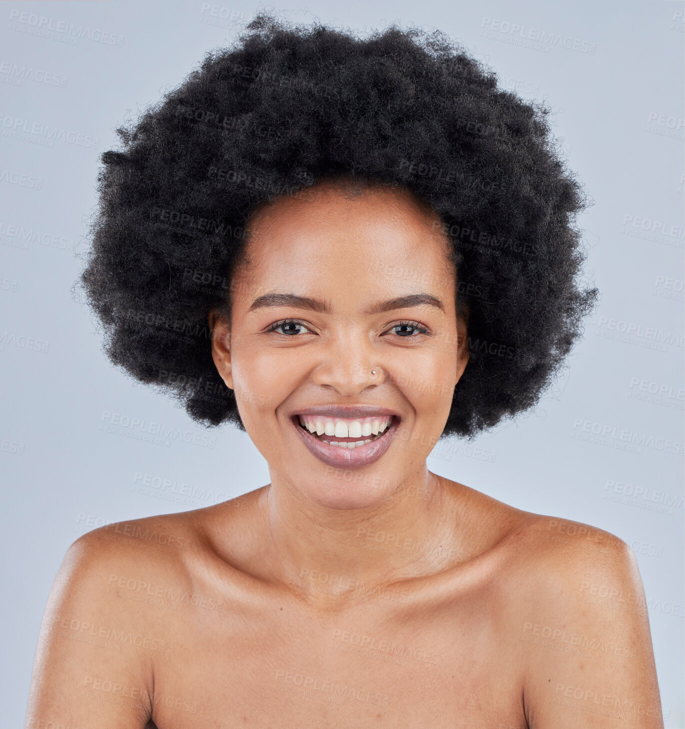 Buy stock photo Skincare, natural and portrait of black woman with beauty smile isolated in a studio gray background and happy. Skin, African and confident young person with healthy dermatology cosmetic care