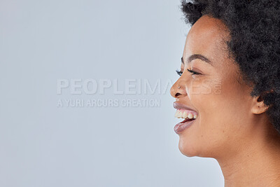 Buy stock photo Mockup, natural and happy black woman with beauty skincare isolated in a studio gray background space. Skin, African and headshot of confident young person with healthy dermatology cosmetic care