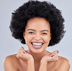 Smile, natural and portrait of happy woman with beauty skincare isolated in a studio gray background with glow. Skin, African and confident young person with healthy dermatology cosmetic care