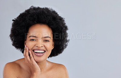Buy stock photo Mockup, natural and portrait of black woman with beauty skincare isolated in a studio gray background and happy. Skin, African and confident young person with healthy dermatology cosmetic care