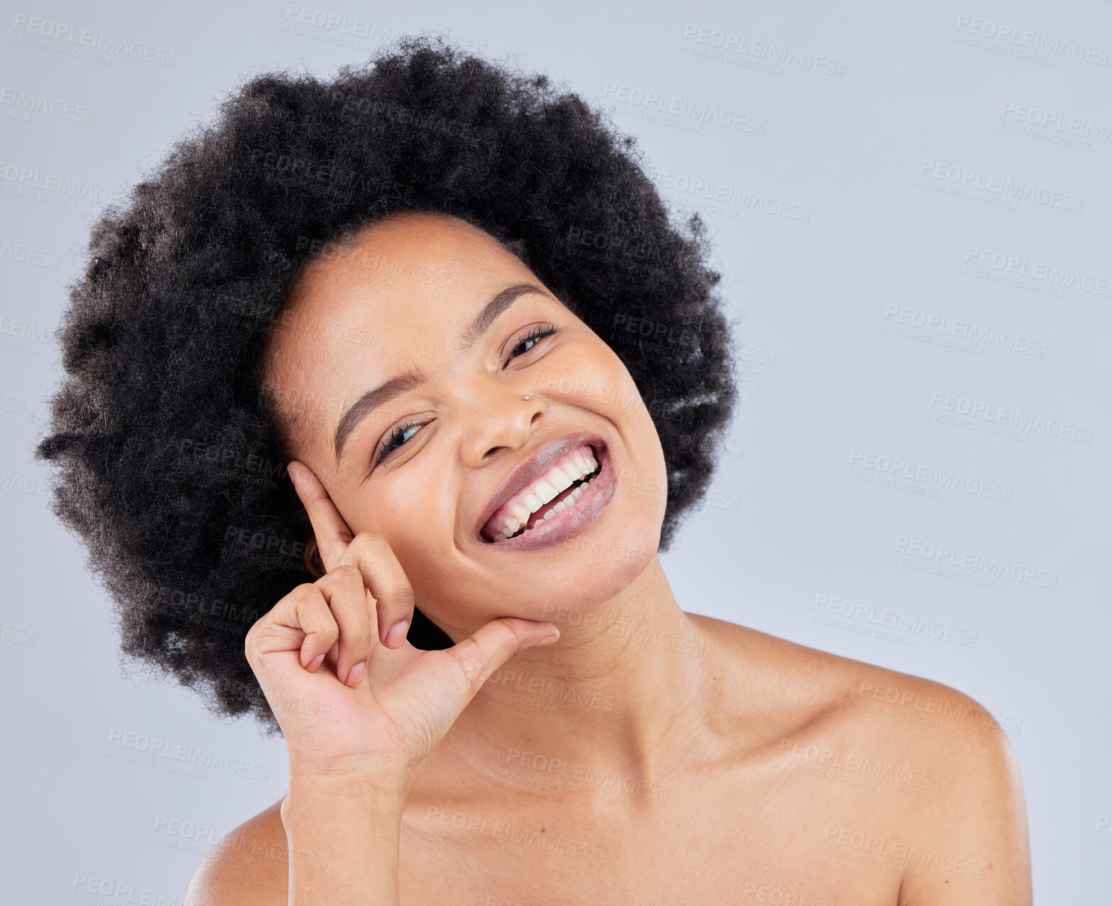 Buy stock photo Skincare, beauty and portrait of woman in studio for wellness, beauty products and cosmetics. Salon, luxury spa and face of African person smile for glamour, makeover and facial on gray background