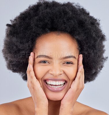 Buy stock photo Smile, natural and portrait of black woman with beauty skincare isolated in a studio gray background and happy. Skin, African and confident young person with healthy dermatology cosmetic care