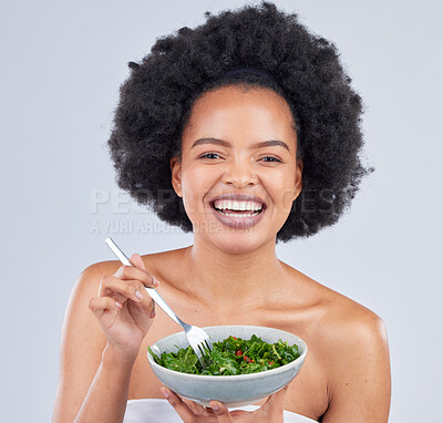 Buy stock photo Health, portrait and black woman with a salad in studio for diet dinner, lunch or supper. Happy, wellness and young African female model eating vegetables for vegan snack or meal by white background.