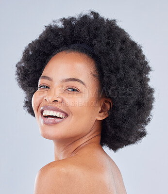 Buy stock photo Smile, natural and portrait of woman with beauty skincare isolated in a studio gray background and happy for glow. Skin, African and confident young person with healthy dermatology cosmetic care
