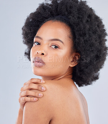 Buy stock photo Glow, natural and portrait of black woman with beauty skincare isolated in a studio gray background. Skin, African and confident young person with healthy, dermatology or cosmetics care glow