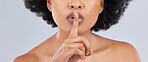 Beauty, secret and woman with finger on lip as quiet or privacy sign isolated in studio white background. Closeup, face and person silence hand gesture for skincare, gossip or confidential whisper