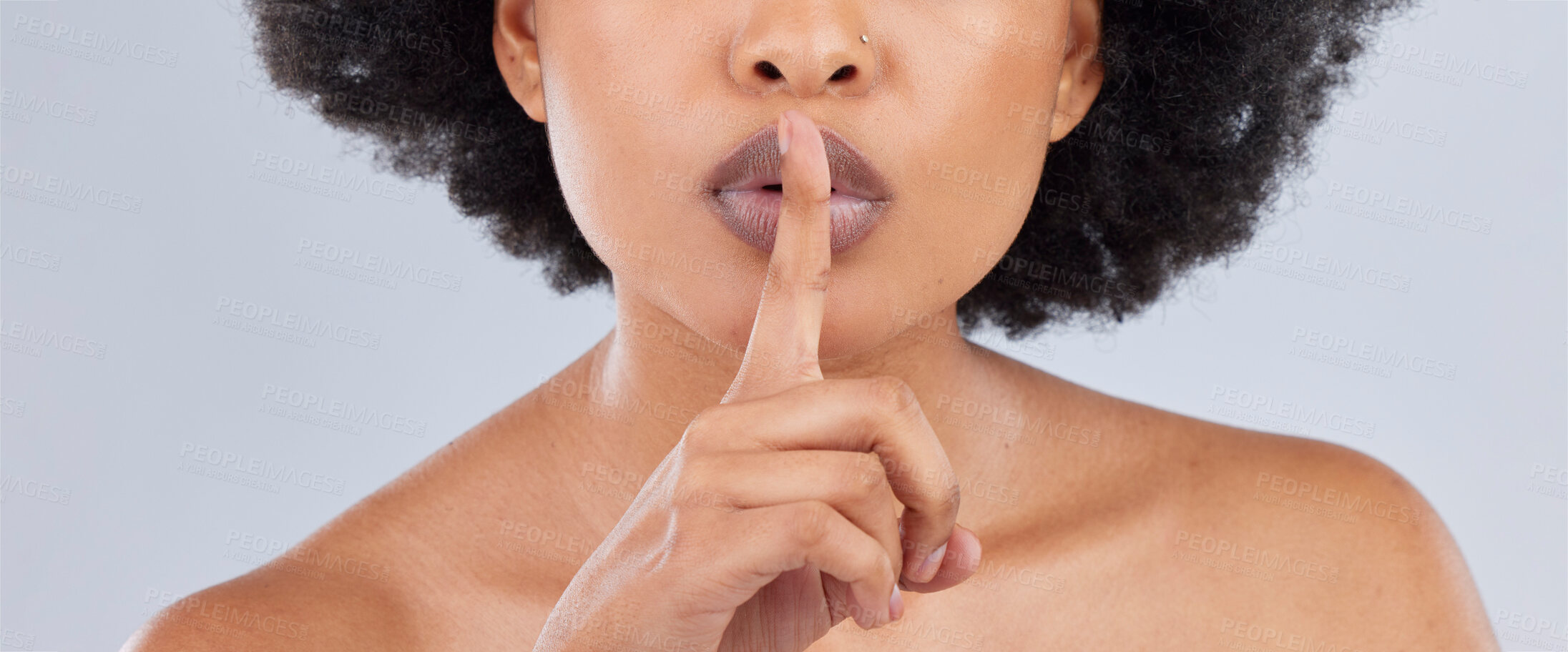 Buy stock photo Beauty, secret and woman with finger on lip as quiet or privacy sign isolated in studio white background. Closeup, face and person silence hand gesture for skincare, gossip or confidential whisper