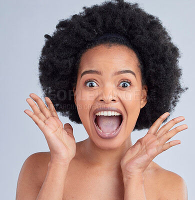 Buy stock photo Surprise, skincare and portrait of woman in a studio for cosmetic, glamour and face routine. Shock, happy and African female model with hair treatment for afro and makeup isolated by white background