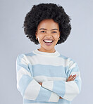 Fashion, arms crossed and smile with portrait of black woman in studio for education, casual and trendy style. Happy, pride and confidence with person on white background for college, future or gen z