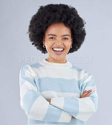 Buy stock photo Fashion, arms crossed and smile with portrait of black woman in studio for education, casual and trendy style. Happy, pride and confidence with person on white background for college, future or gen z