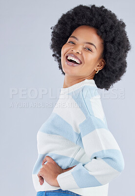 Buy stock photo Fashion, student and happy with portrait of black woman in studio for education, casual and trendy style. Happy, pride and confidence with person on white background for college, future and gen z