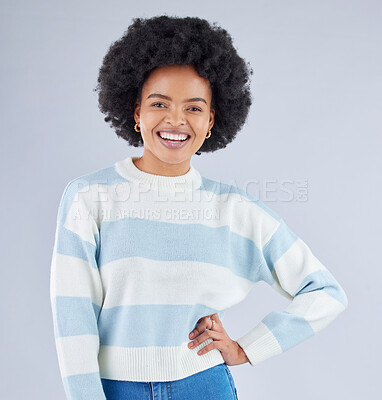 Buy stock photo Fashion, gen z and smile with portrait of black woman in studio for education, casual and trendy style. Happy, pride and confidence with person on white background for college, future and student