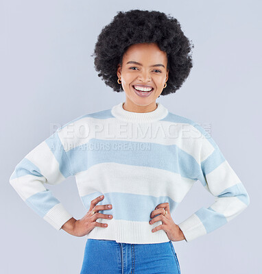Buy stock photo Fashion, student and smile with portrait of black woman in studio for education, casual and trendy style. Happy, pride and confidence with person on white background for college, future and gen z