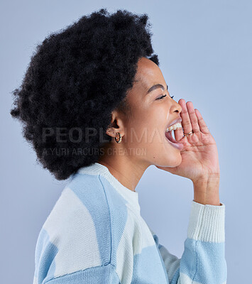 Buy stock photo Profile, announcement and black woman shouting to call in studio isolated on a blue background. Face, smile and person screaming for information, speaking and loud voice for communication of news.