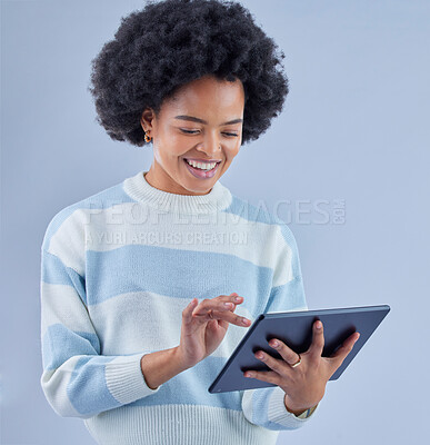 Buy stock photo Woman, tablet and smile on studio background for social media post, reading ebook and search website. Happy african model scroll on digital technology for connection, download app and online shopping