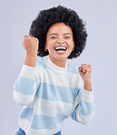 Black woman, portrait and fist in studio for success, celebrate deal and winning lottery bonus on white background. Excited model, cheers and happy celebration of achievement, freedom or lotto winner