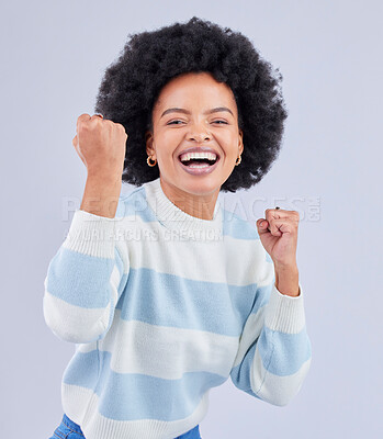 Buy stock photo Black woman, portrait and fist in studio for success, celebrate deal and winning lottery bonus on white background. Excited model, cheers and happy celebration of achievement, freedom or lotto winner