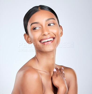 Buy stock photo Woman, smile and beauty with skincare, dermatology and facial treatment shine in studio. Happy, female model and wellness with self care, skin cosmetics and glow from makeup with white background