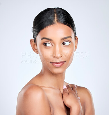 Buy stock photo Face of Indian woman for skincare, beauty and cosmetics on white background for salon aesthetic. Dermatology, spa and isolated person touch for natural wellness, satisfaction or facial glow in studio