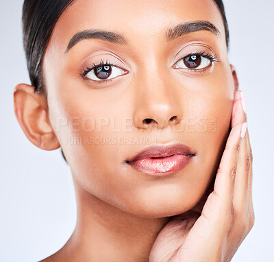Buy stock photo Closeup portrait of Indian woman for skincare, beauty and cosmetics on white background for salon aesthetic. Dermatology, spa and face of isolated person for wellness, glamour and facial in studio
