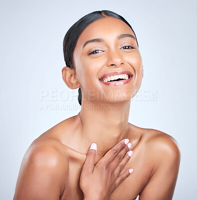 Buy stock photo Woman, natural beauty and face with dermatology and skincare isolated on white background. Portrait, happy Indian model with wellness and skin glow, facial for cosmetic care and clean in a studio