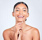 Skincare, smile and portrait of a woman on a white background for a glow, dermatology or wellness. Happy, spa and an Indian model or girl with healthy skin, confidence or beauty from cosmetology